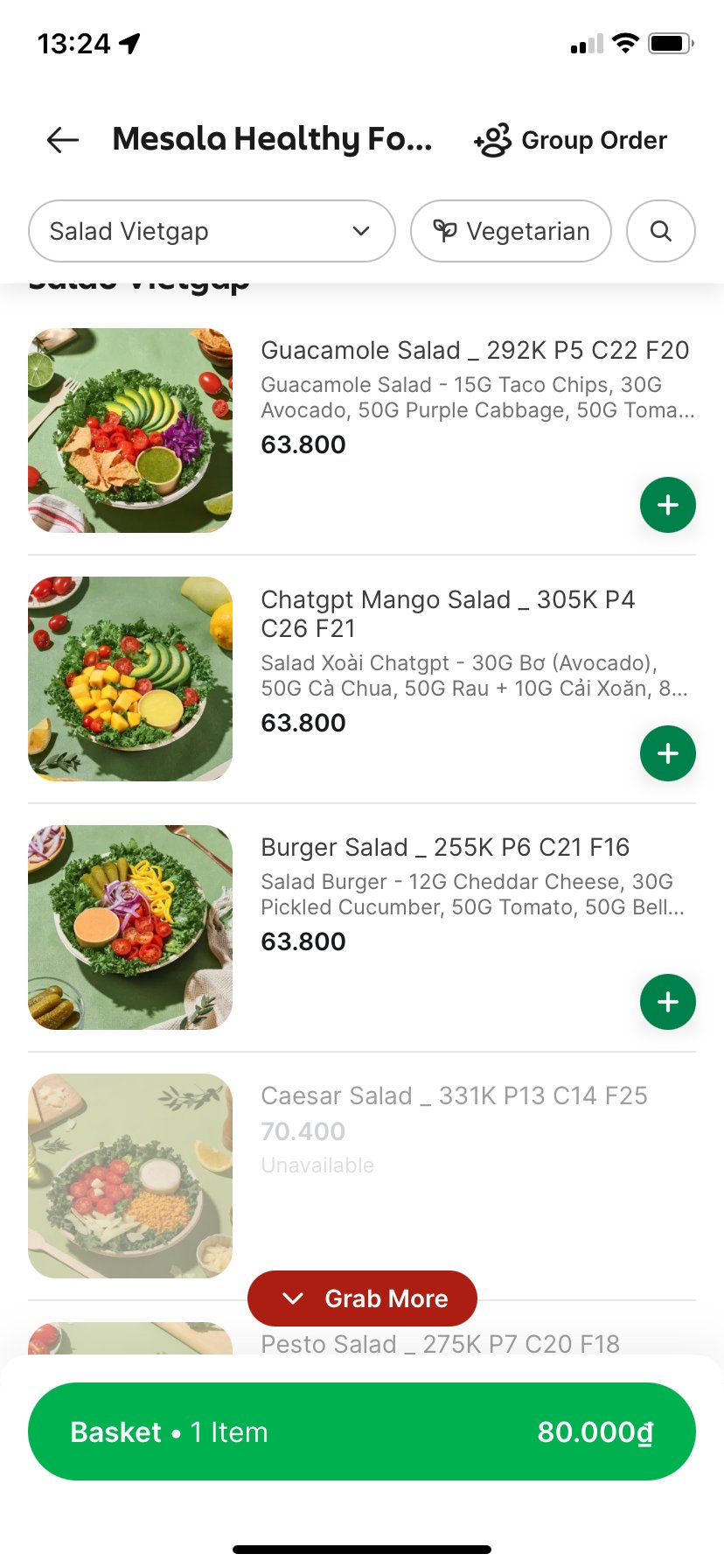 Capture d'écran de l'application de livraison de repas healthy à Da Nang