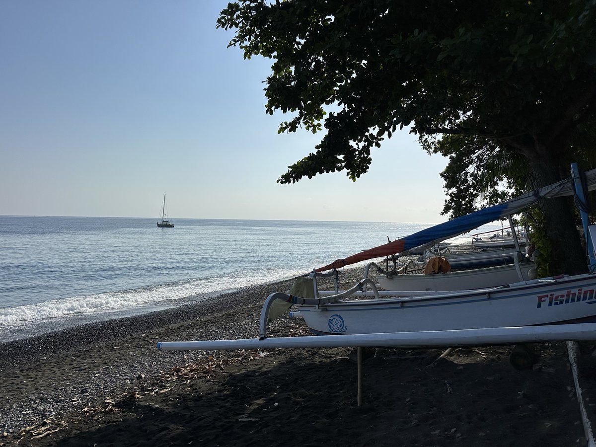 Jukung sous un arbre sur la plage de galets noirs d'Amed