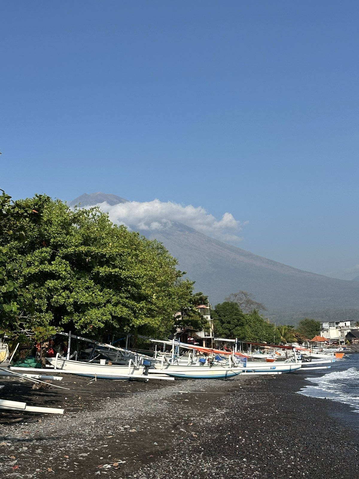 Jukungs sous les arbres et Mont Agung dans les nuages, plage d'Amed