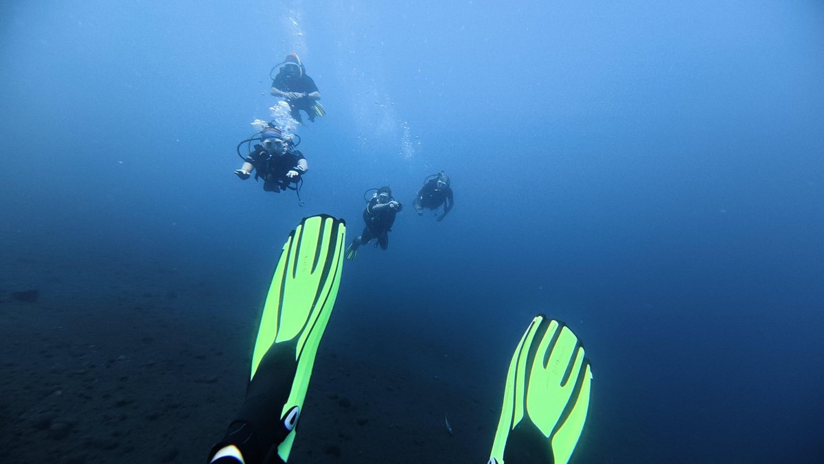 Plongeurs en formation sous l'eau, palmes jaune fluo au premier plan, fond de sable noir à Amed